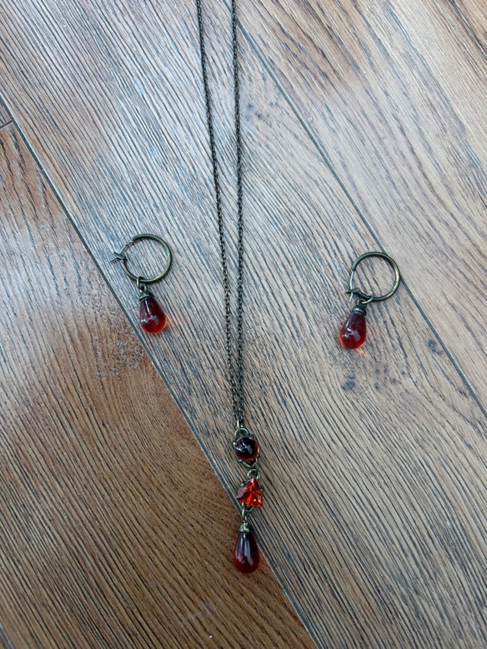 Delicate Red Teardrop Necklace & Hoop Earrings Set
